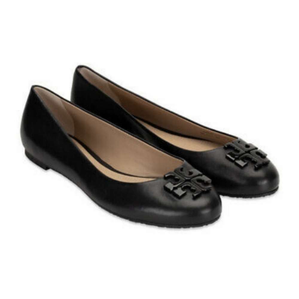Tory Burch Lowell Leather Ballet Flats 7.5M Black Brazil Round Toe Logo New